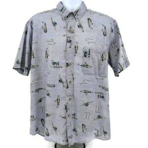 Woolrich VTG Mens Fishing Hook and Reel Button Casual Down Short Sleeve Shirt LG